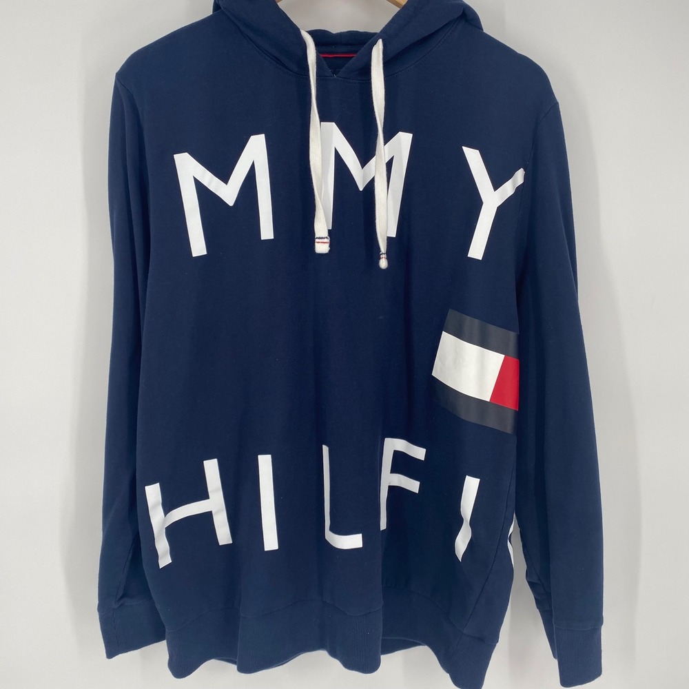 Tommy Hilfiger Mens Navy Blue Wrap Around Graphic Logo Hoodie Sweatshirt Large